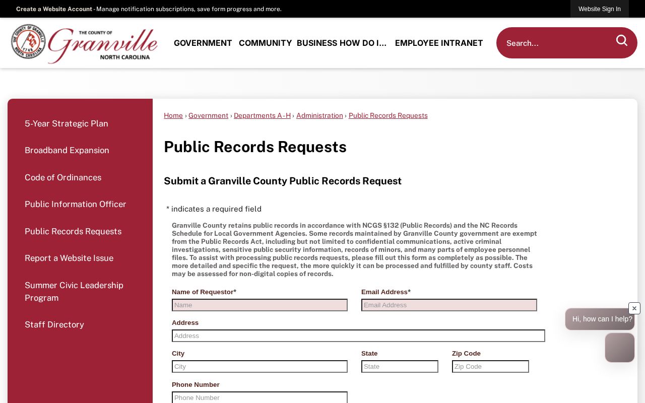 Granville County public records form with request and format fields