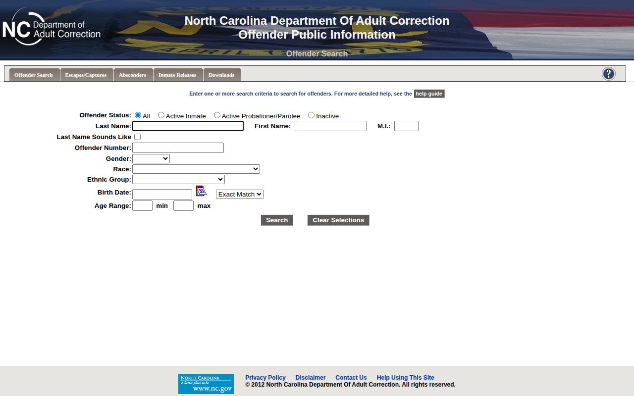 Blank North Carolina DAC offender search for state custody and supervision
