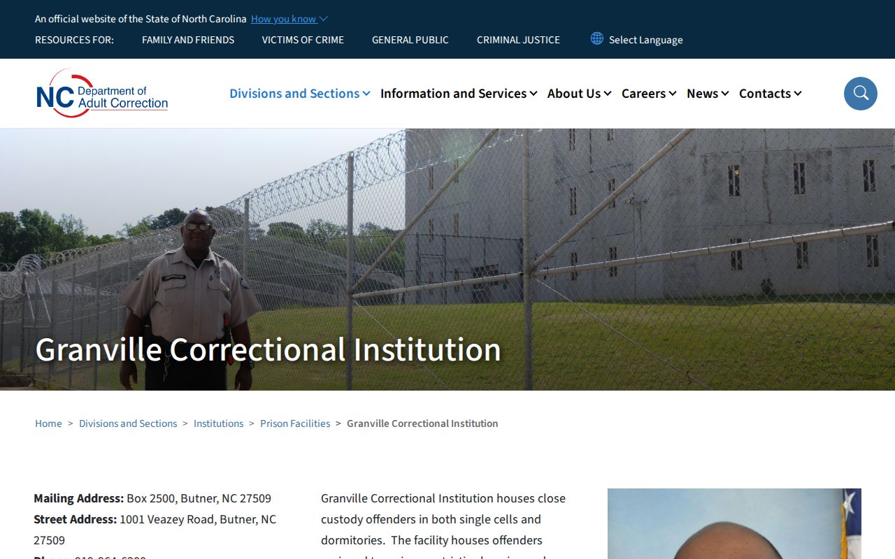 Official North Carolina page identifying Granville Correctional Institution as a state prison in Butner