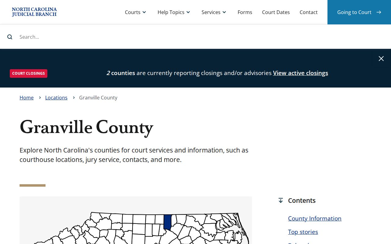 North Carolina Courts Granville County page with eCourts and calendar access