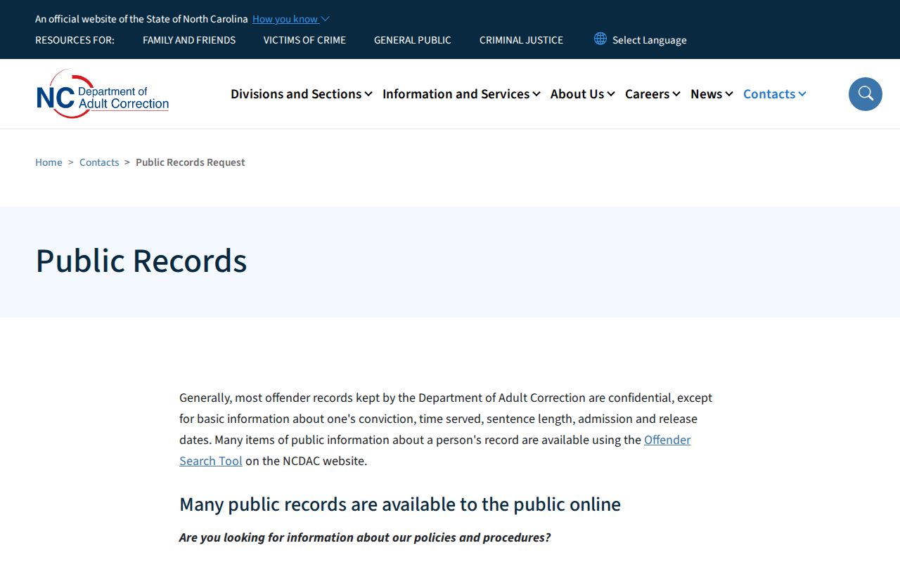 North Carolina correction records scope and confidential information guidance