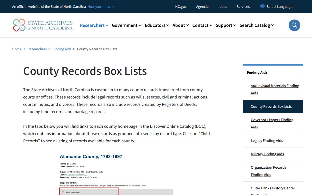 North Carolina Archives county records box-list finding aid and limitations