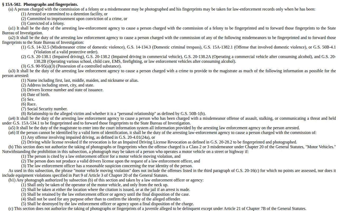 North Carolina statute on law-enforcement photographs and fingerprints